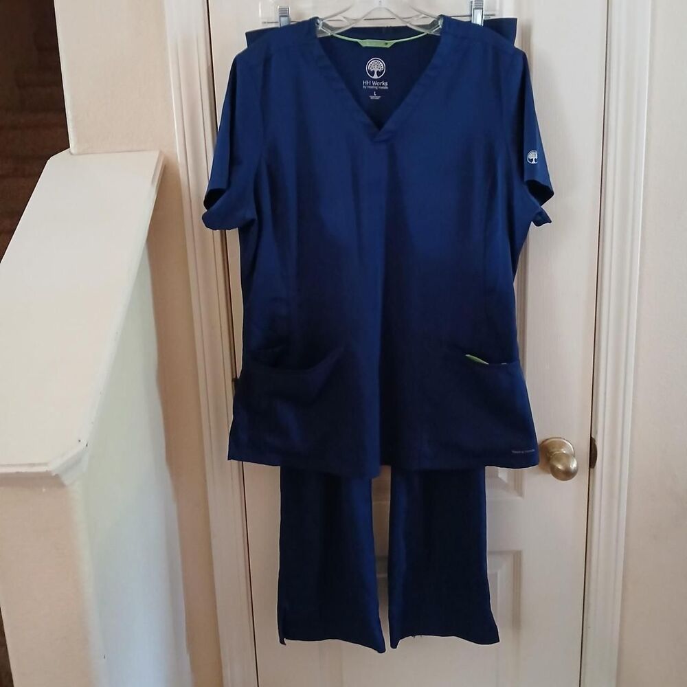 Healing Hand Navy Blue Medical Scrub Set Monica Top L Rachel Flare Bottoms M